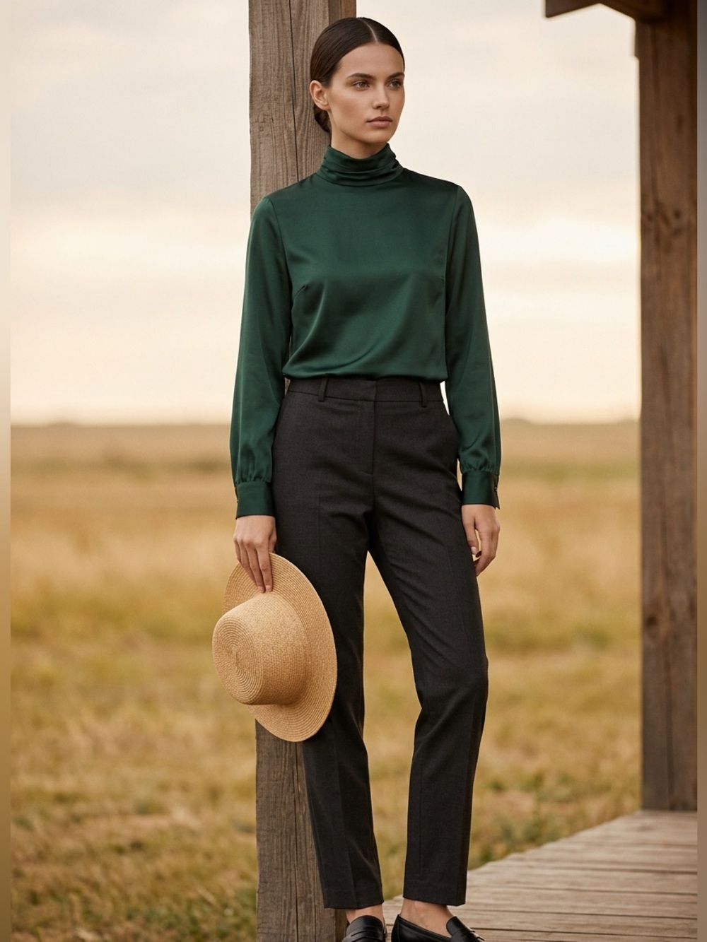 Pendleton Forest Green Mock Neck Long Sleeve Top